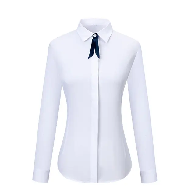 Women Blue Slimming Collar Shirt Long Sleeve Professional Wear