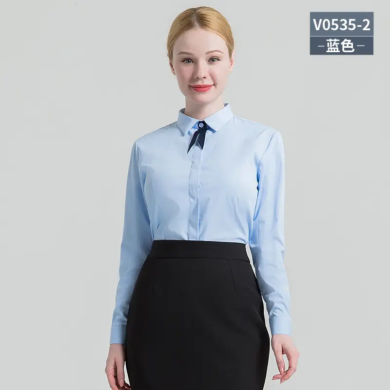Women Blue Slimming Collar Shirt Long Sleeve Professional Wear