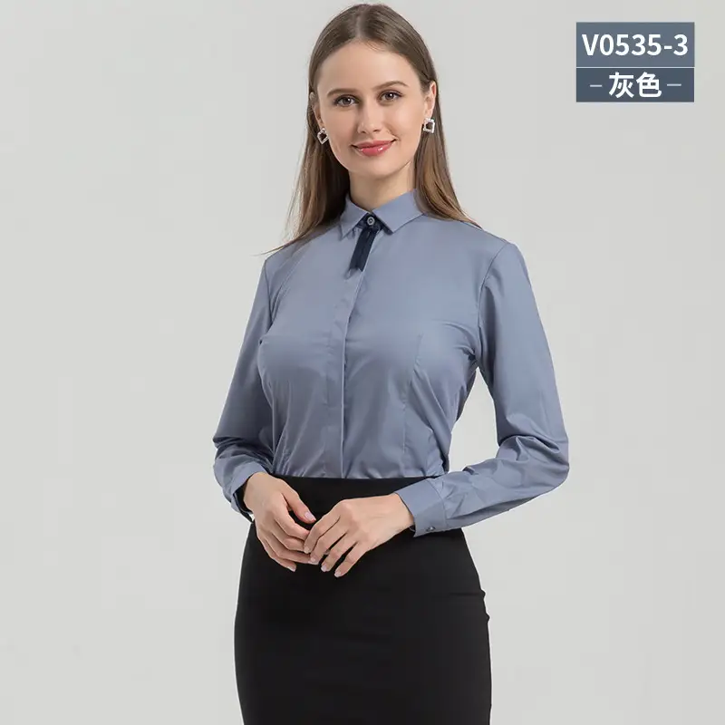 Women Blue Slimming Collar Shirt Long Sleeve Professional Wear