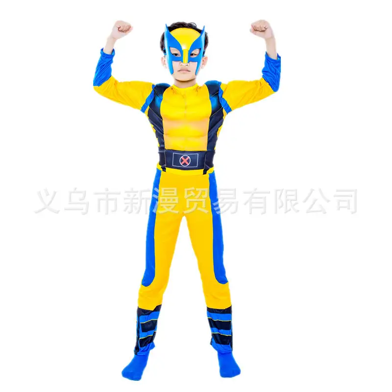 Children's Wolverine Cosplay Muscle Jumpsuit Yellow Blue - Image 6