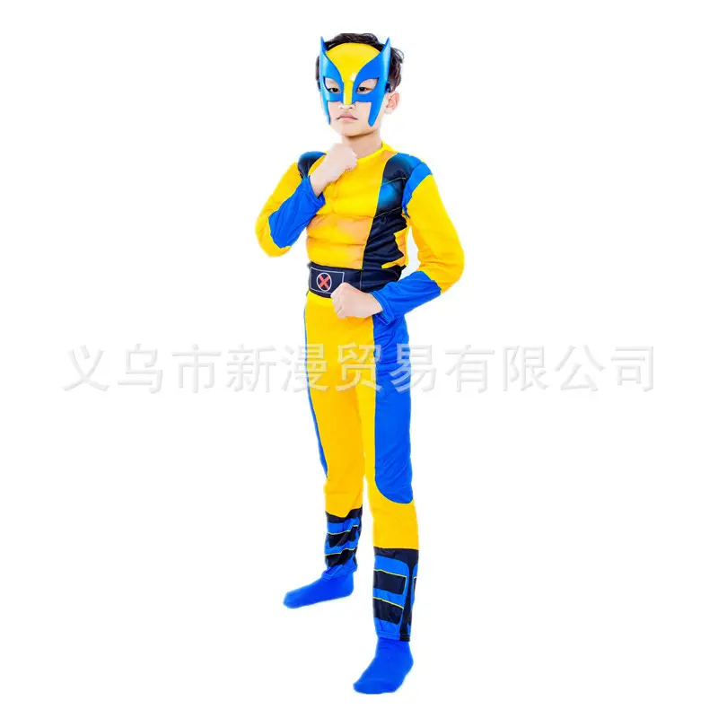 Children's Wolverine Cosplay Muscle Jumpsuit Yellow Blue - Image 7