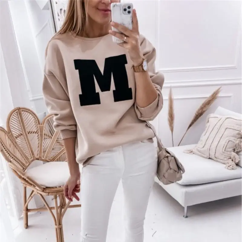 2024 Long Sleeve Sweatshirt with Big M Print Beige - Image 3
