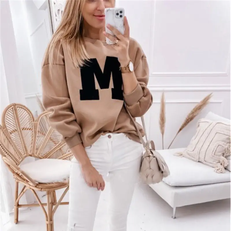 2024 Long Sleeve Sweatshirt with Big M Print Beige - Image 5