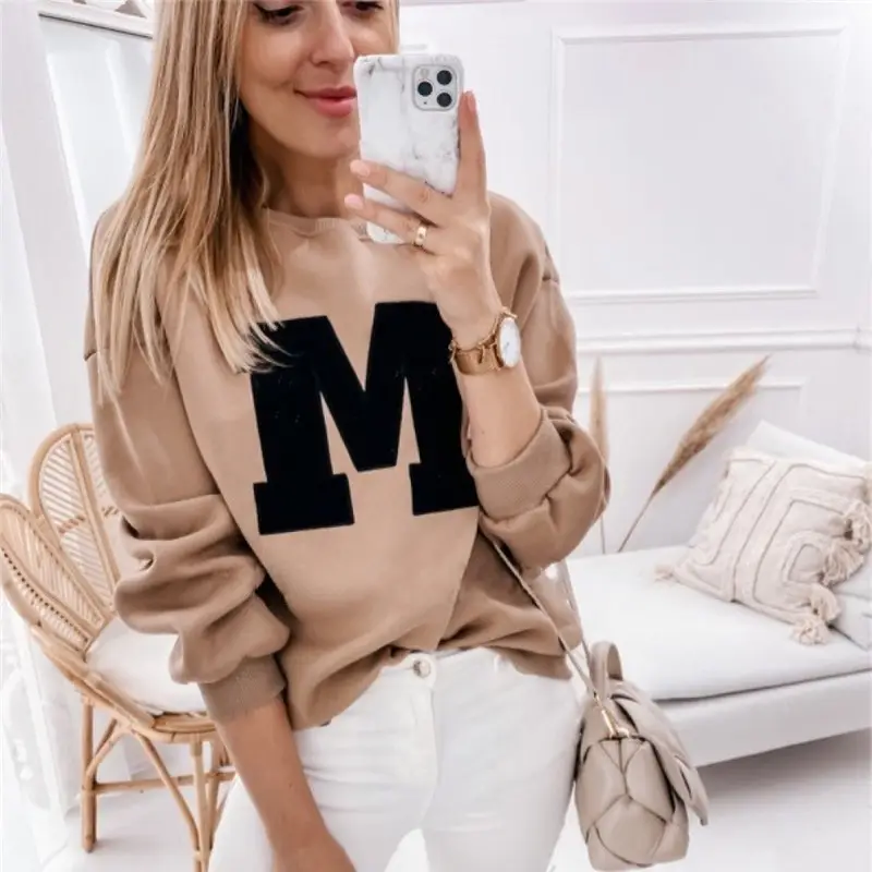 2024 Long Sleeve Sweatshirt with Big M Print Beige - Image 2