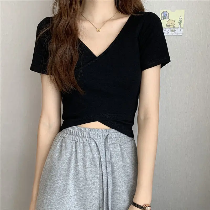 Women Cross Over T-Shirt Black Short Sleeve V Neck - Image 6