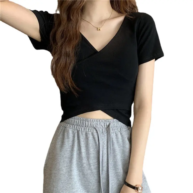 Women Cross Over T-Shirt Black Short Sleeve V Neck - Image 8