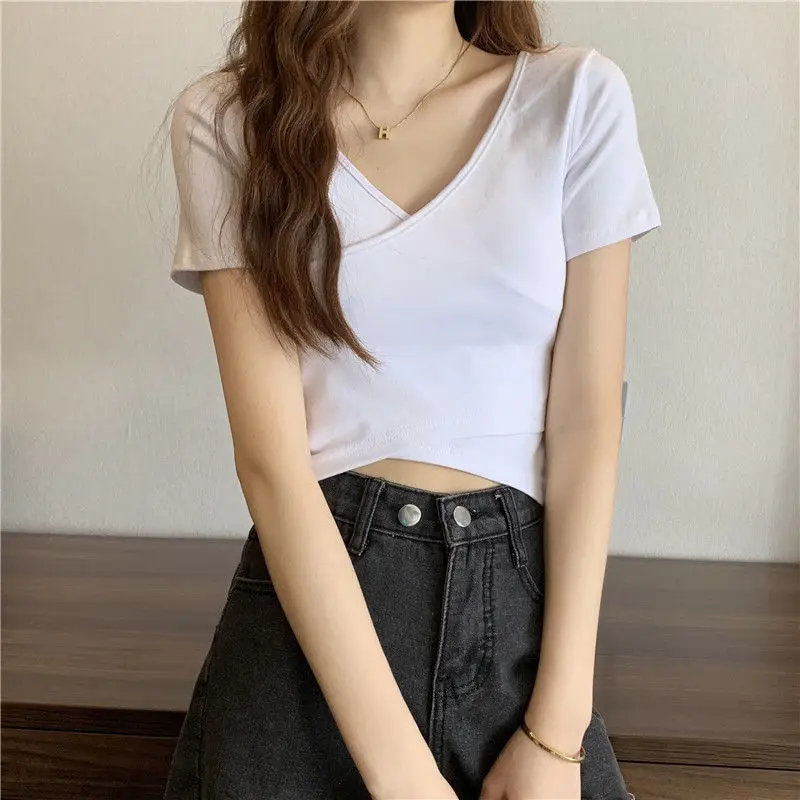 Women Cross Over T-Shirt Black Short Sleeve V Neck — feature 10