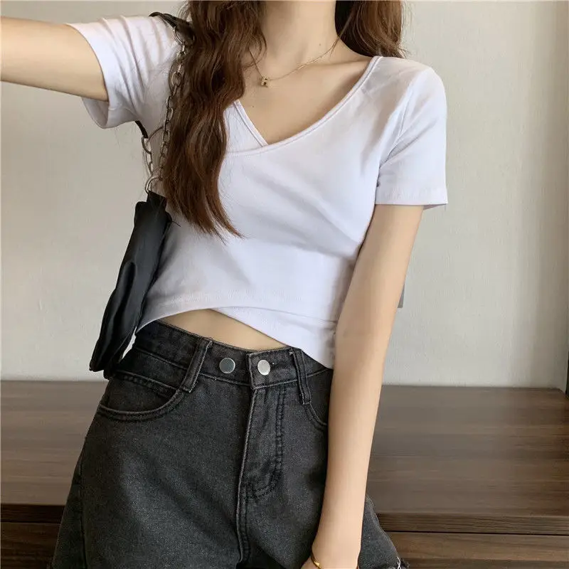 Women Cross Over T-Shirt Black Short Sleeve V Neck — feature 11