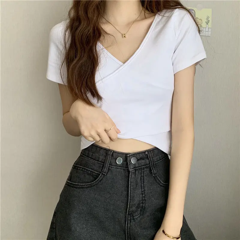 Women Cross Over T-Shirt Black Short Sleeve V Neck — feature 14