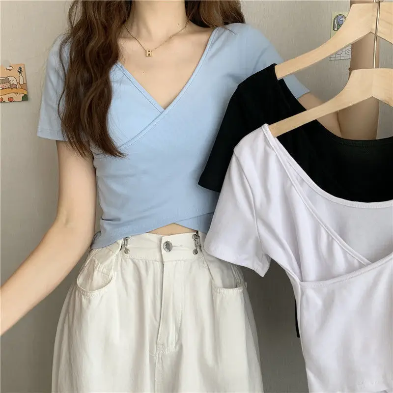 Women Cross Over T-Shirt Black Short Sleeve V Neck — feature 2