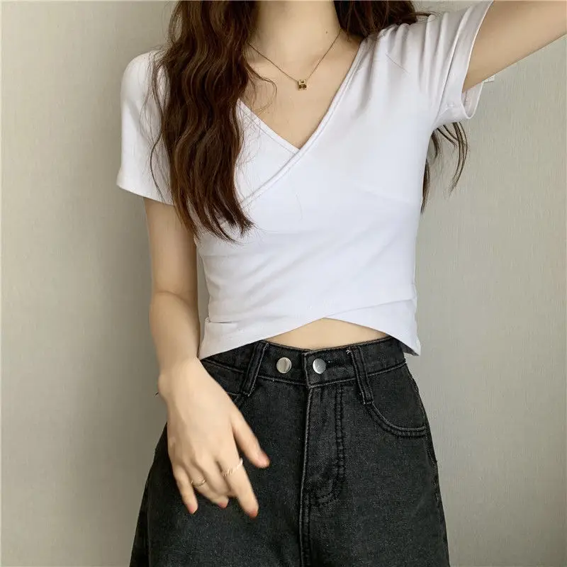 Women Cross Over T-Shirt Black Short Sleeve V Neck — feature 20