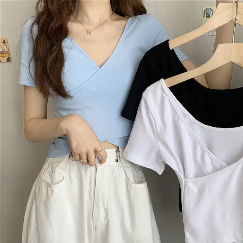Women Cross Over T-Shirt Black Short Sleeve V Neck — feature 3