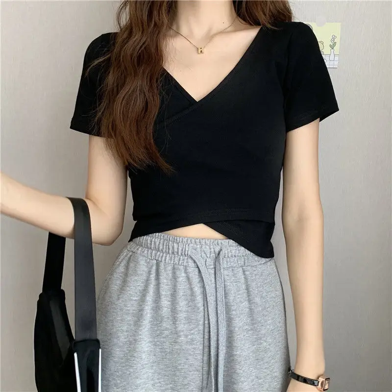 Women Cross Over T-Shirt Black Short Sleeve V Neck — feature 4