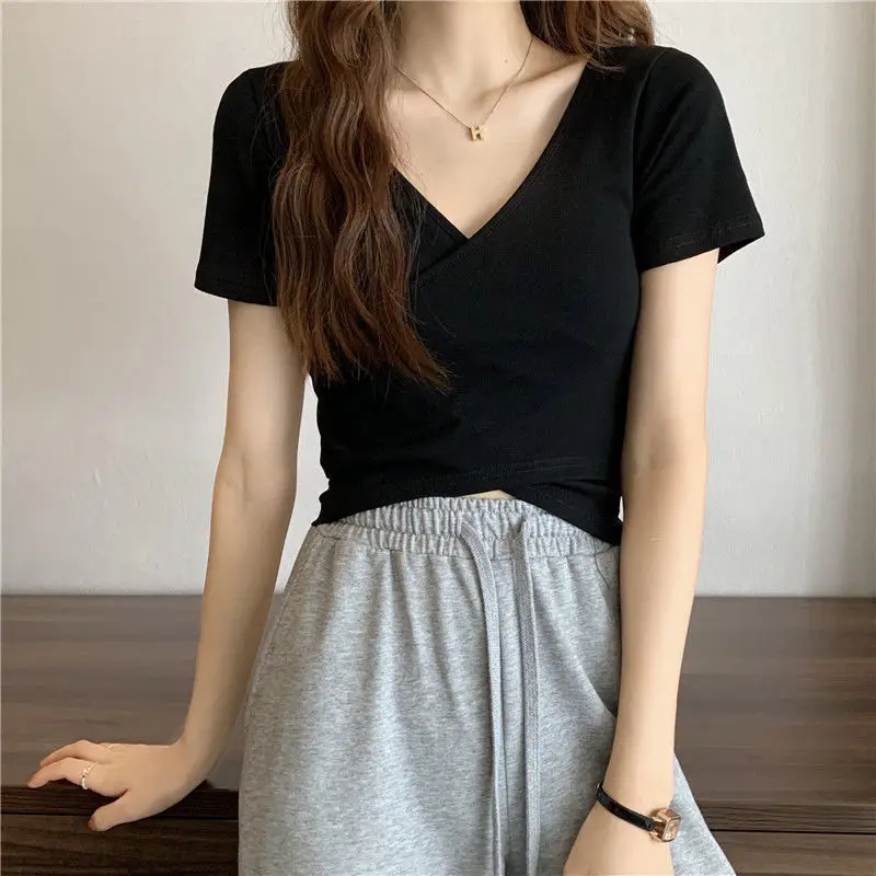 Women Cross Over T-Shirt Black Short Sleeve V Neck — feature 5