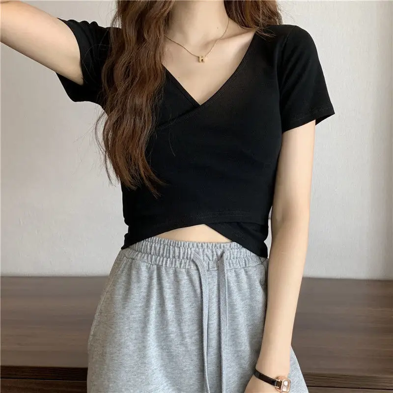 Women Cross Over T-Shirt Black Short Sleeve V Neck — feature 8