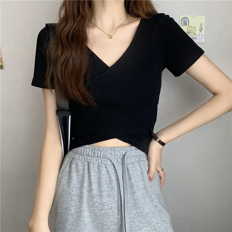 Women Cross Over T-Shirt Black Short Sleeve V Neck — feature 9