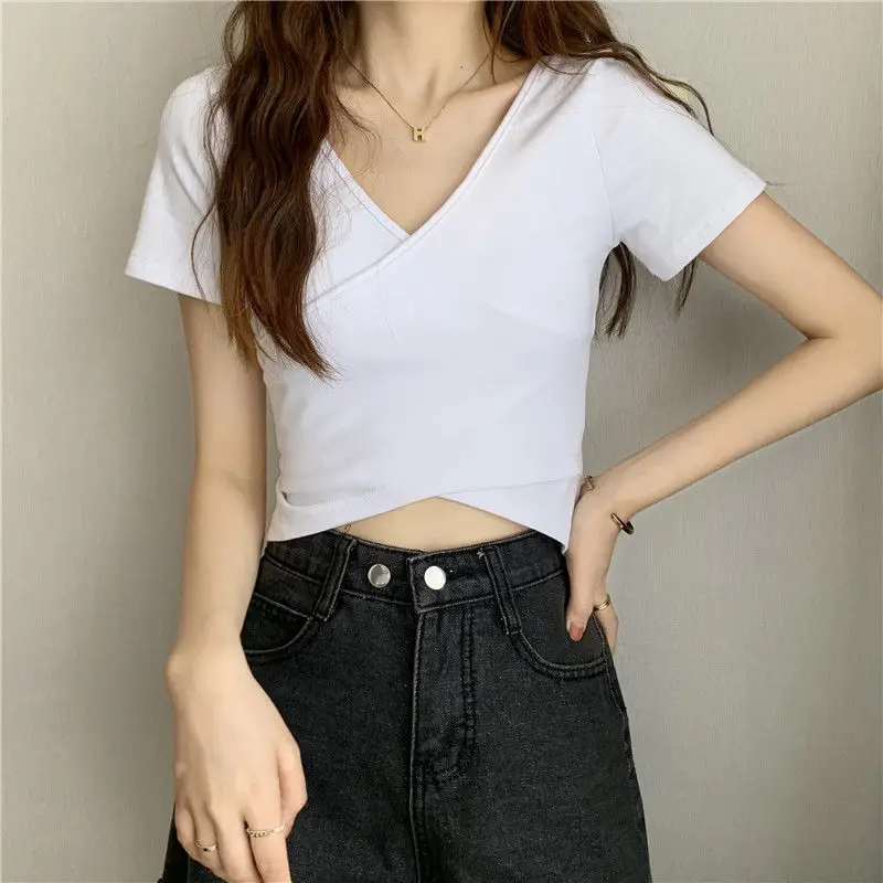 Women Cross Over T-Shirt Black Short Sleeve V Neck - Image 2