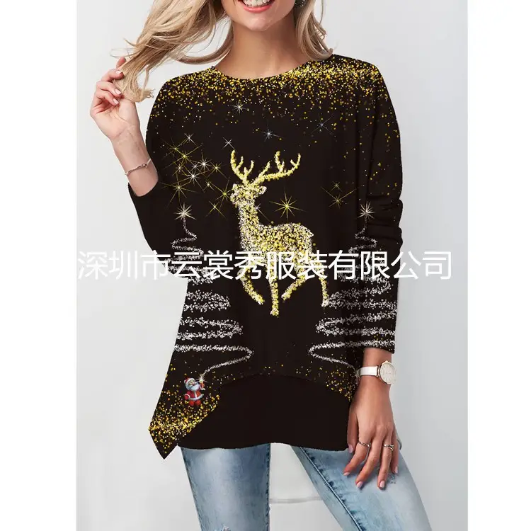 Women Printed Christmas T-Shirt Black Gold Deer Design - Image 10