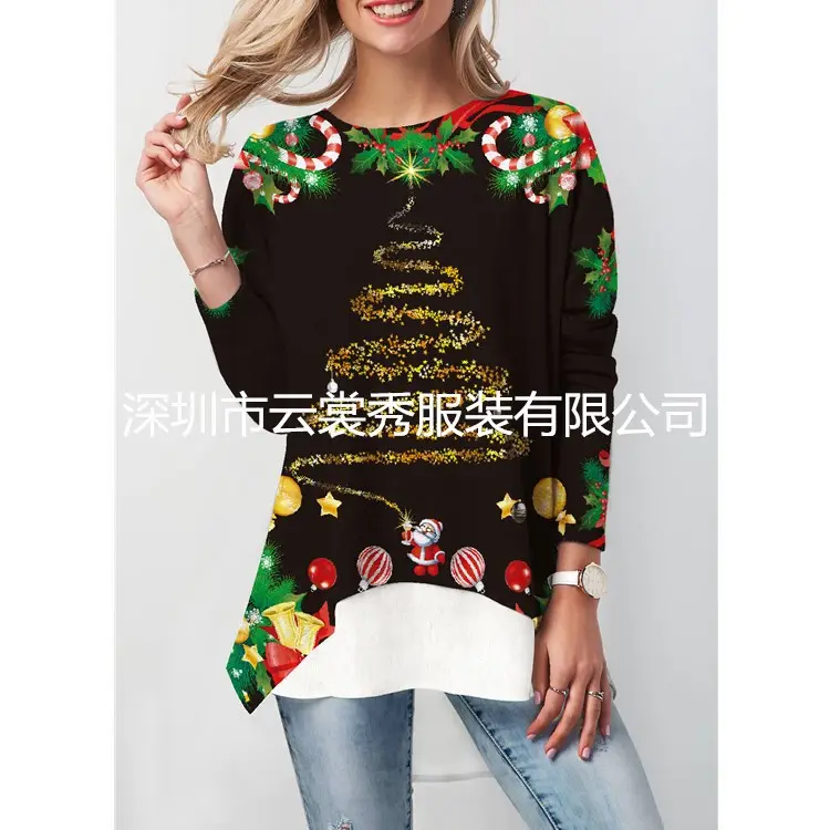 Women Printed Christmas T-Shirt Black Gold Deer Design - Image 12