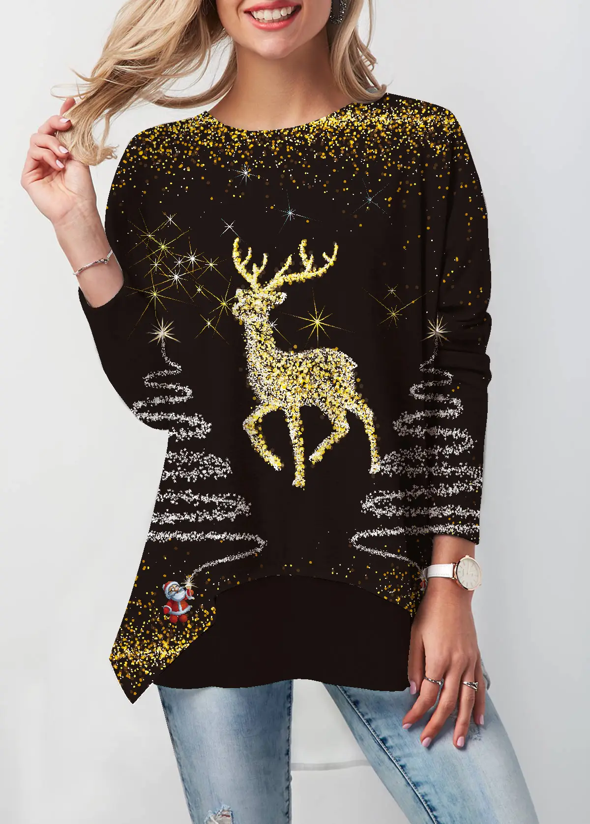 Women Printed Christmas T-Shirt Black Gold Deer Design - Image 3
