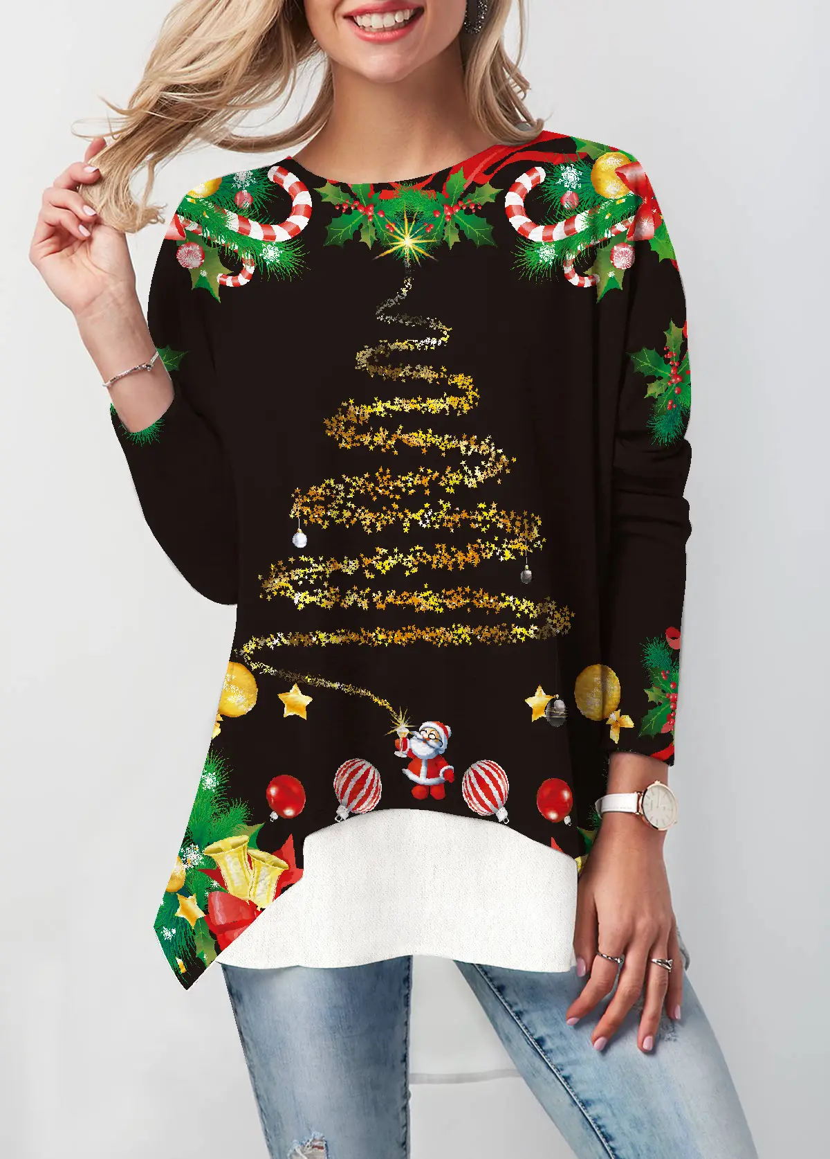 Women Printed Christmas T-Shirt Black Gold Deer Design - Image 6