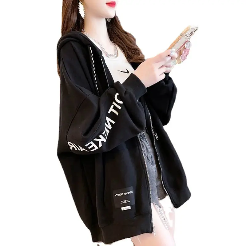 Women Cotton Zipper Sweatshirt Cardigan Jacket Black Large Spring Autumn - Image 7