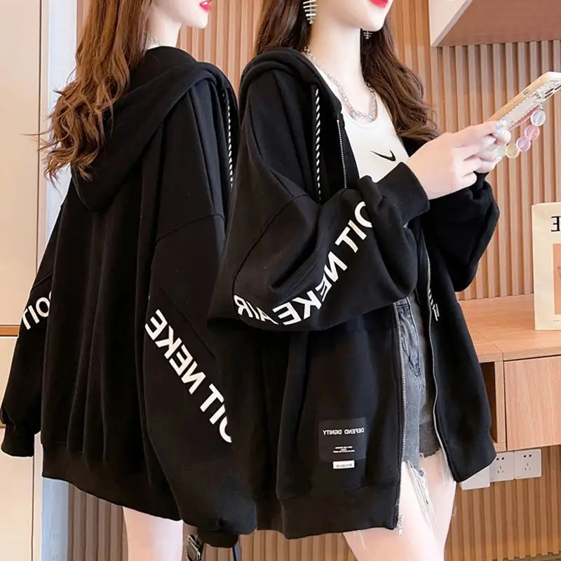 Women Cotton Zipper Sweatshirt Cardigan Jacket Black Large Spring Autumn - Image 2