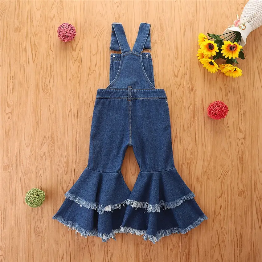 Blue Ripped Denim Flared Suspenders for Girls