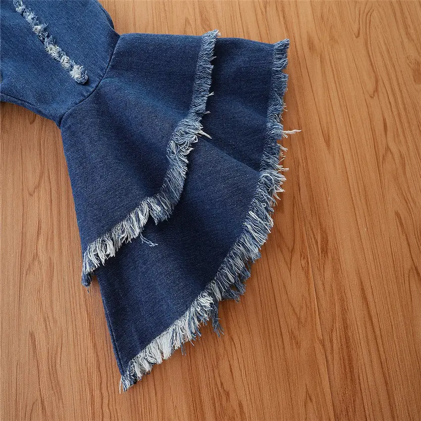Blue Ripped Denim Flared Suspenders for Girls