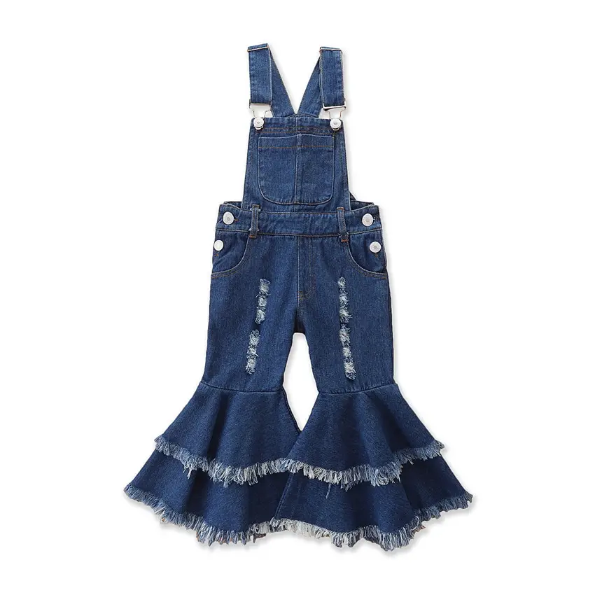 Blue Ripped Denim Flared Suspenders for Girls