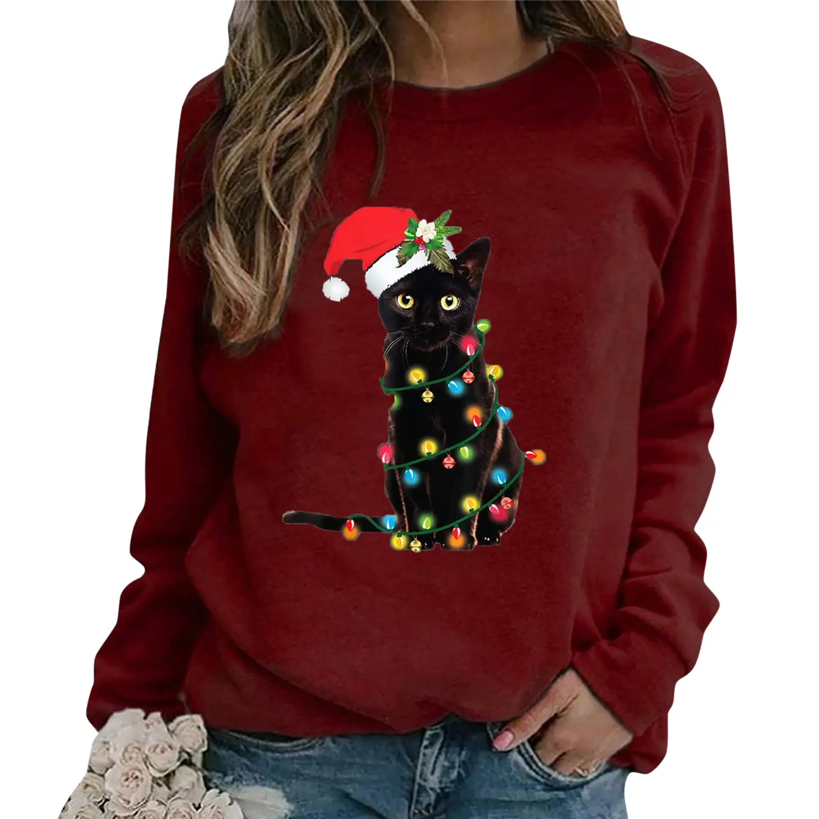 Women Christmas Cat Printed Sweatshirt Red Long Sleeve - Image 9