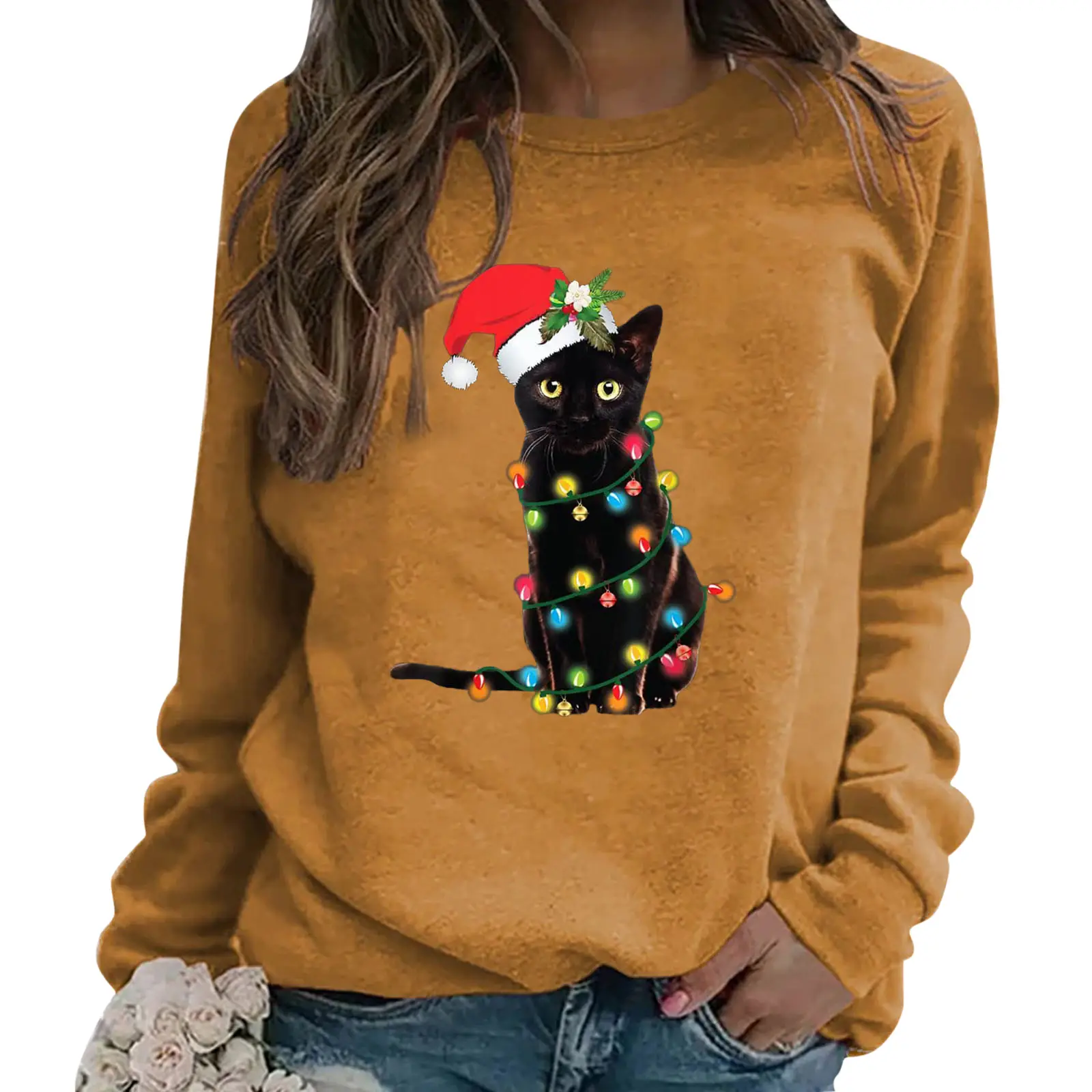 Women Christmas Cat Printed Sweatshirt Red Long Sleeve - Image 12