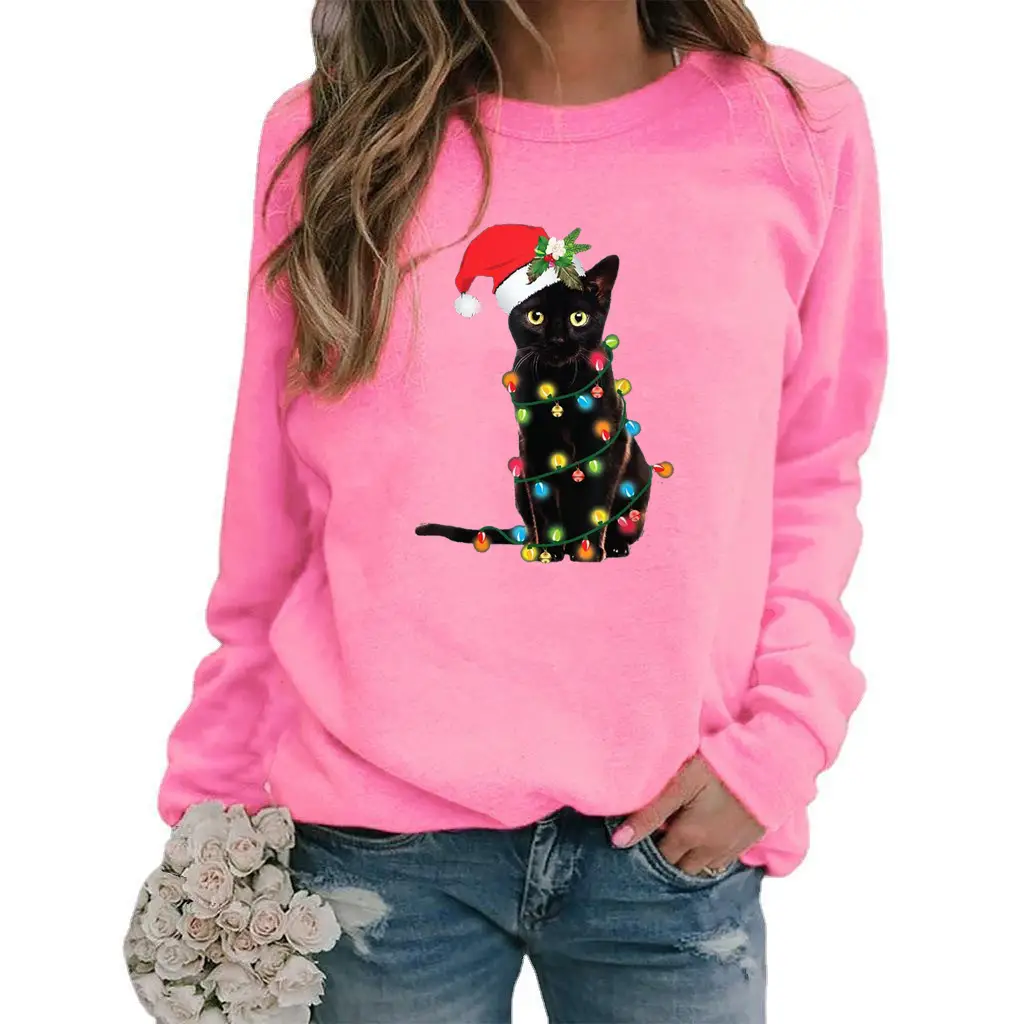 Women Christmas Cat Printed Sweatshirt Red Long Sleeve - Image 2