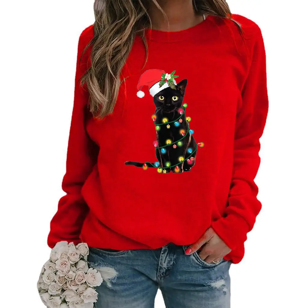 Women Christmas Cat Printed Sweatshirt Red Long Sleeve - Image 3