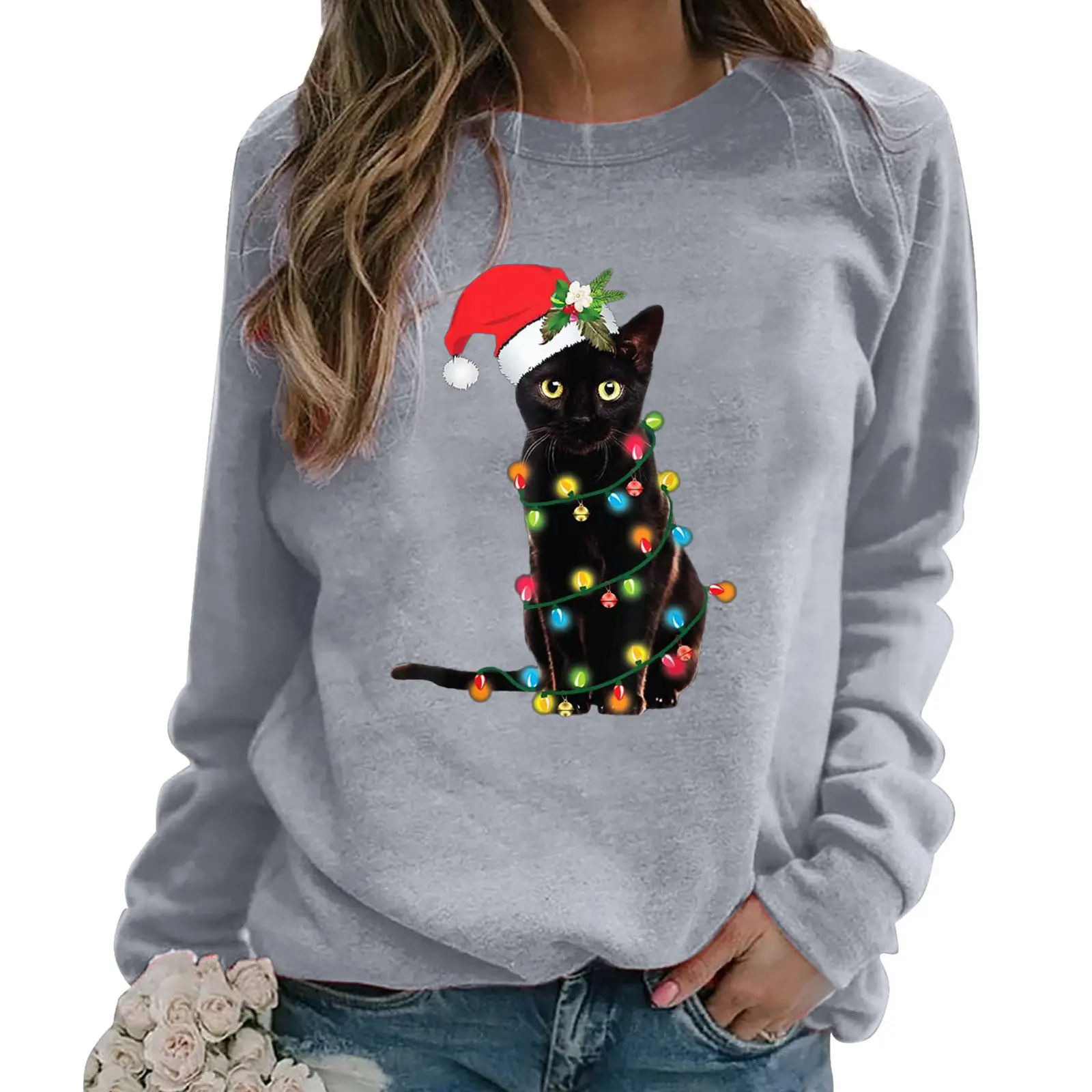 Women Christmas Cat Printed Sweatshirt Red Long Sleeve - Image 4