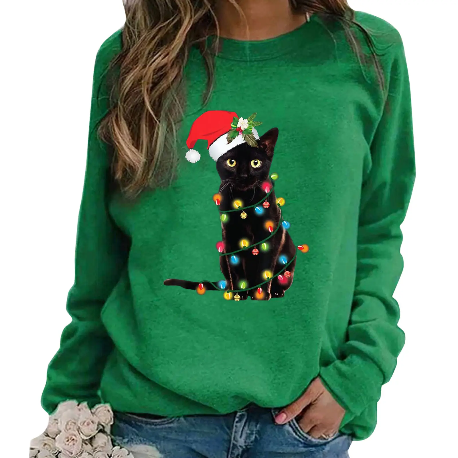 Women Christmas Cat Printed Sweatshirt Red Long Sleeve - Image 5