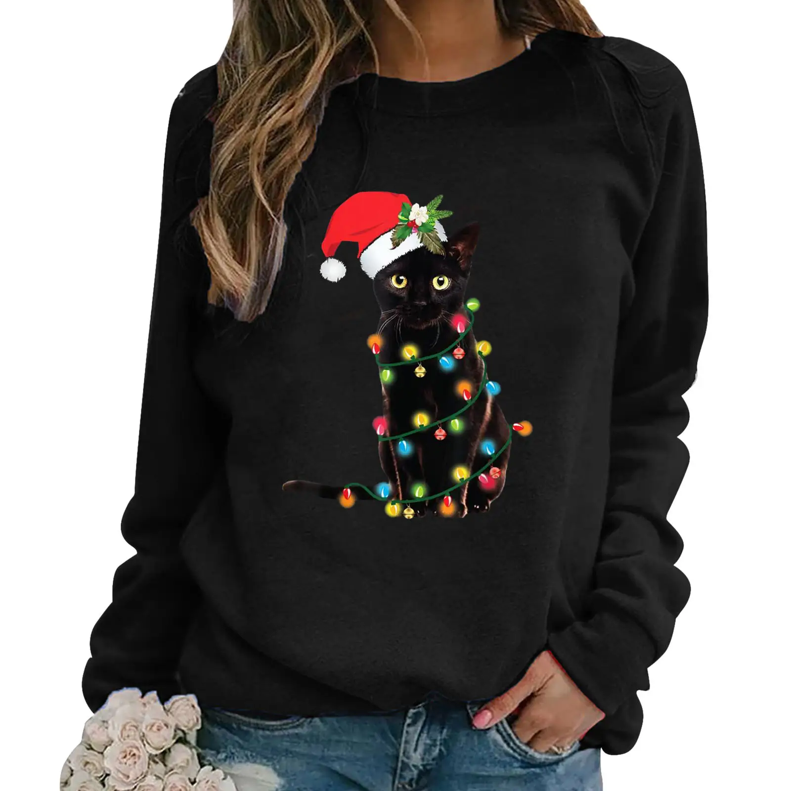 Women Christmas Cat Printed Sweatshirt Red Long Sleeve - Image 6