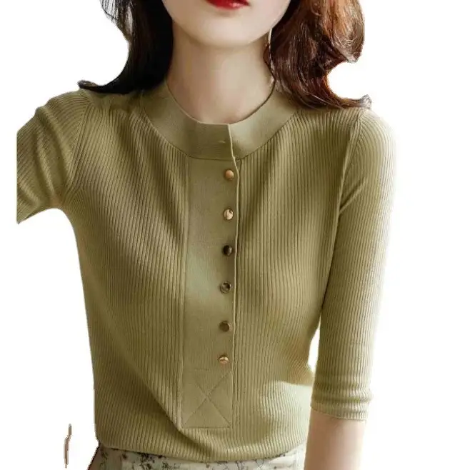 Women Knitted Button Front Top Olive Green 2025 - Image 7