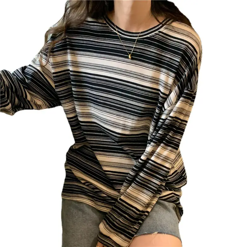 Women Striped Long Sleeve T-Shirt Pink Cream Spring Autumn - Image 6