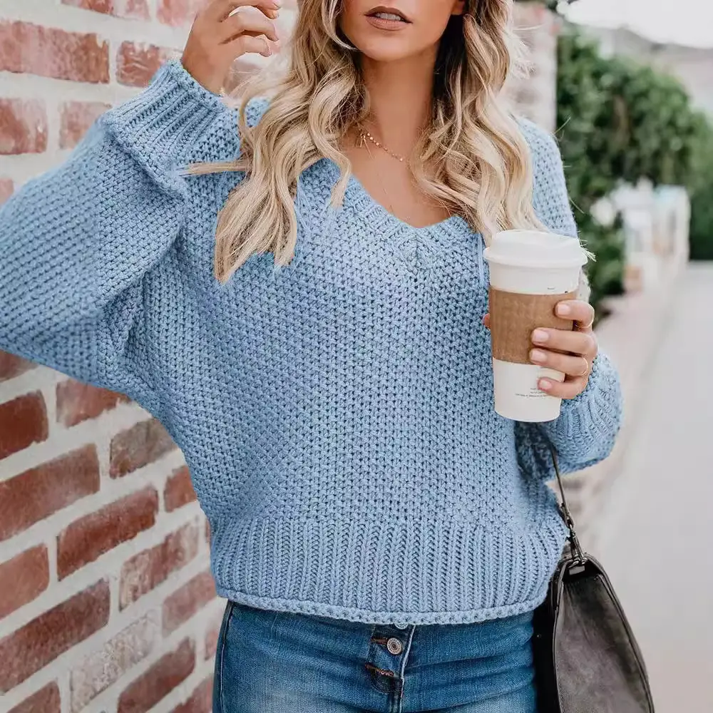 2023 Women's Blue Knitted V Neck Sweater - Image 7