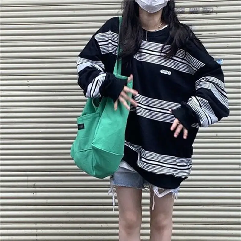 Black Striped Women's Sweater Spring Autumn Loose Fit