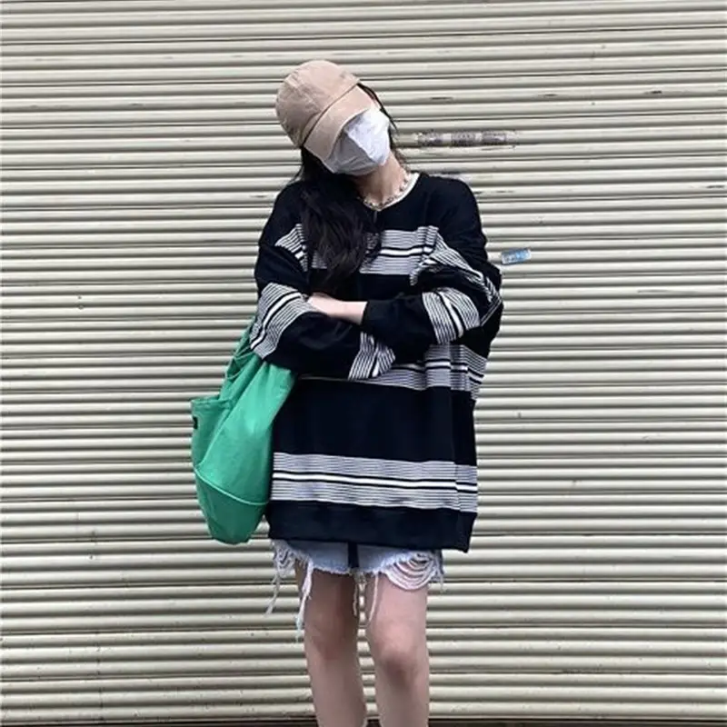 Black Striped Women's Sweater Spring Autumn Loose Fit