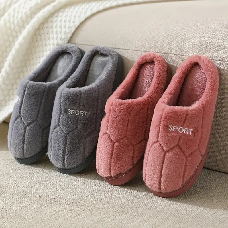 Autumn and Winter Cotton Slippers for Men's Home Indoor Fleece-Lined to Heattech Couples Home Furry Slippers for Women Winter