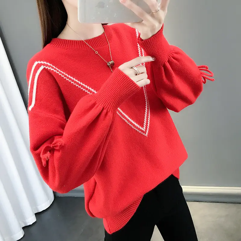Women Yellow Bow Sweet Lace-up Long Sleeve Crewneck Sweater