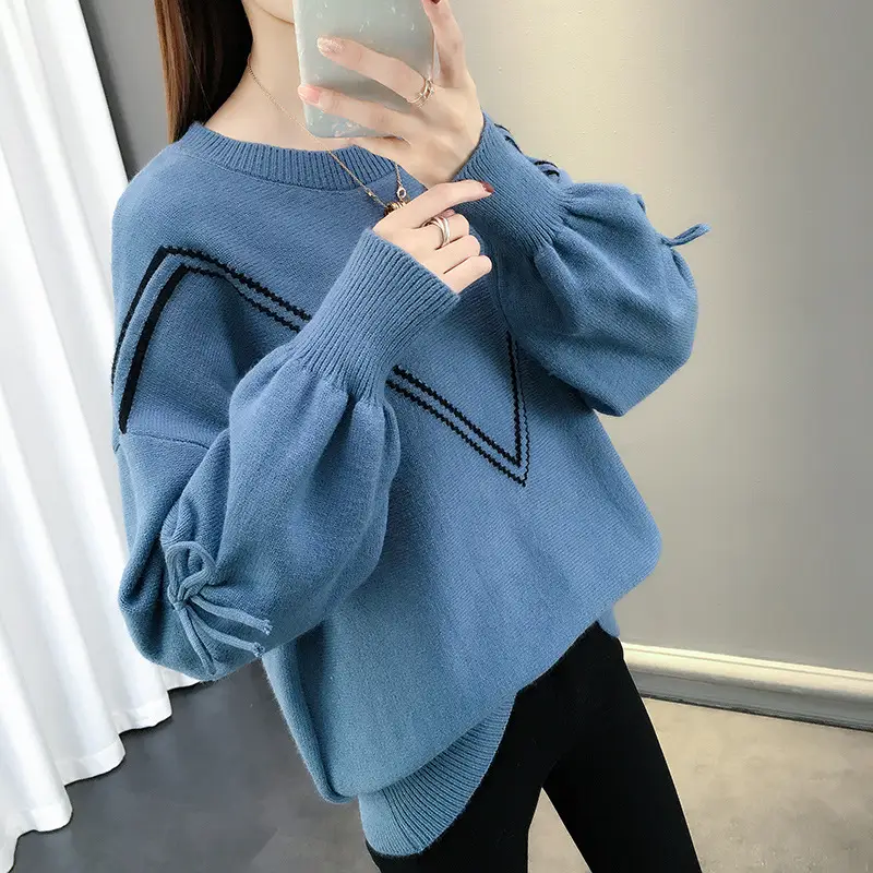 Women Yellow Bow Sweet Lace-up Long Sleeve Crewneck Sweater