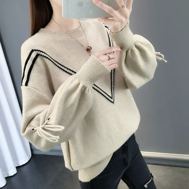 Women Yellow Bow Sweet Lace-up Long Sleeve Crewneck Sweater