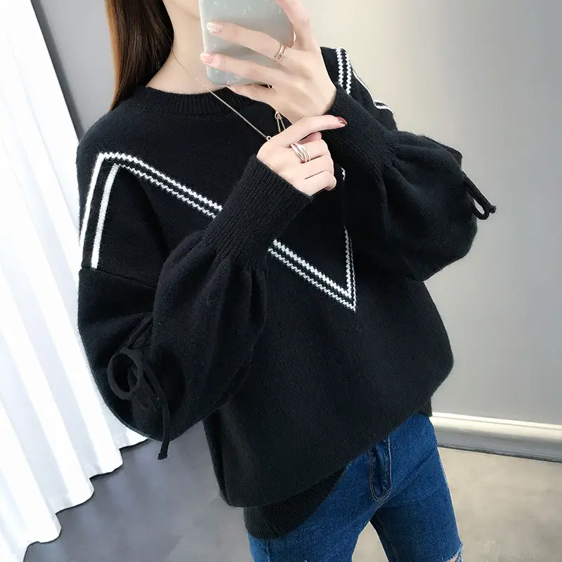 Women Yellow Bow Sweet Lace-up Long Sleeve Crewneck Sweater