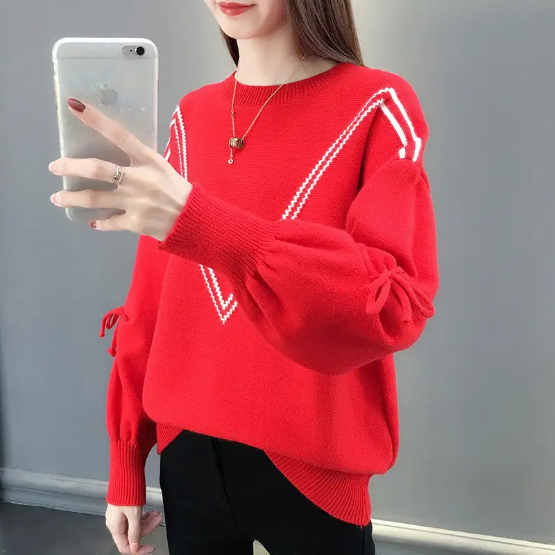 Women Yellow Bow Sweet Lace-up Long Sleeve Crewneck Sweater