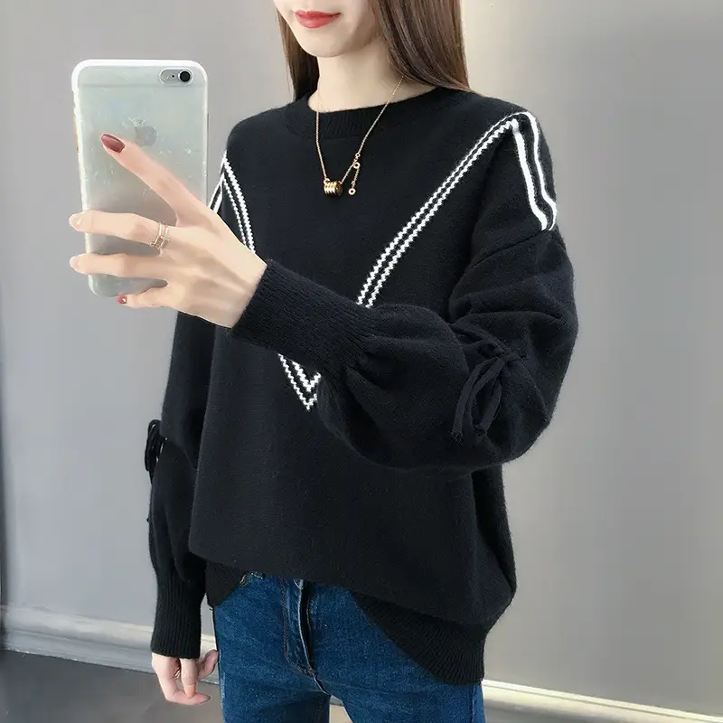 Women Yellow Bow Sweet Lace-up Long Sleeve Crewneck Sweater