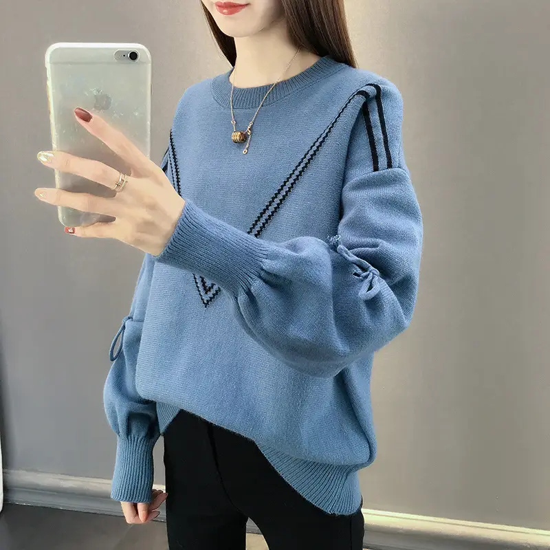 Women Yellow Bow Sweet Lace-up Long Sleeve Crewneck Sweater
